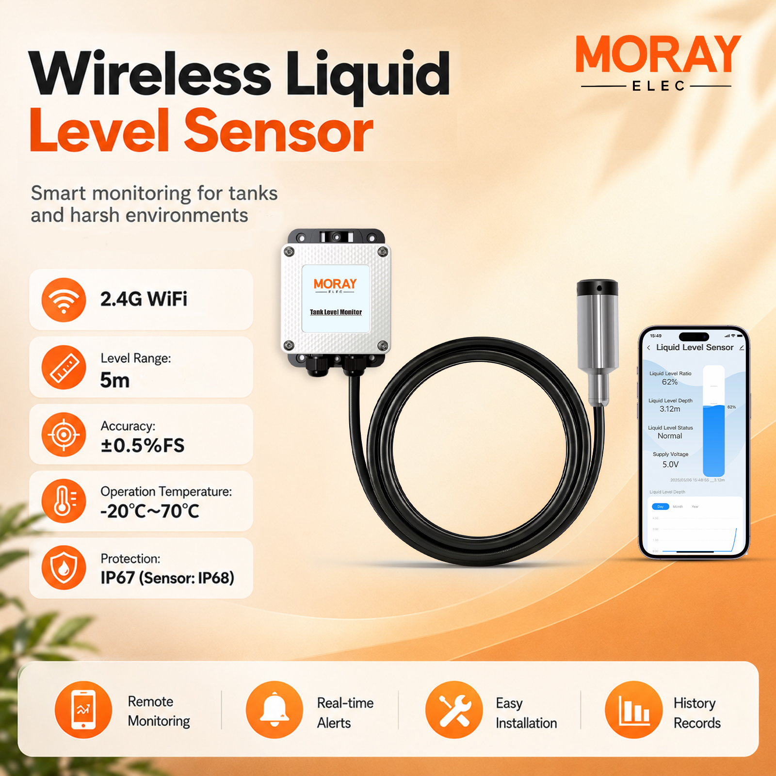 Moray Elec ME202W 5M Wireless  - مراجعة Smart Home Water Level Sensor وسعره